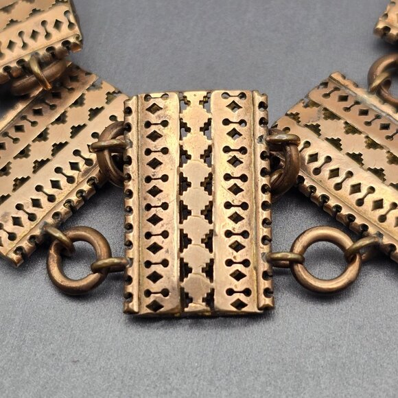 VTG Solid Copper Panel Link Bracelet 7" Geometric Cutout Designs Hook Clasp 50s - Picture 2 of 14